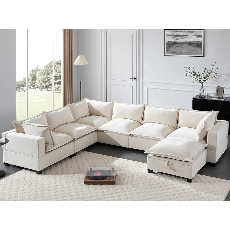 Roomfitters 117.5" Modular U-Shaped Sectional Sofa with Storage Ottoman, 7 Seat Wide Chenille Couch, Living Room Sofa