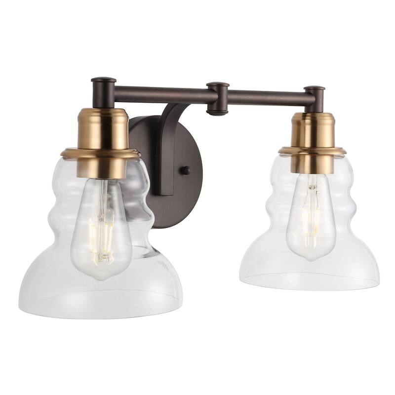 Modernist Vintage Metal/Glass Industrial Rustic LED Vanity, by JONATHAN Y - 2-Light - Brass Gold