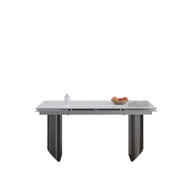 9 - Piece 94.48'' Modern Minimalist Extendable Sintered Stone Top Double Pedestal Dining Set With 8 Fabric Chairs