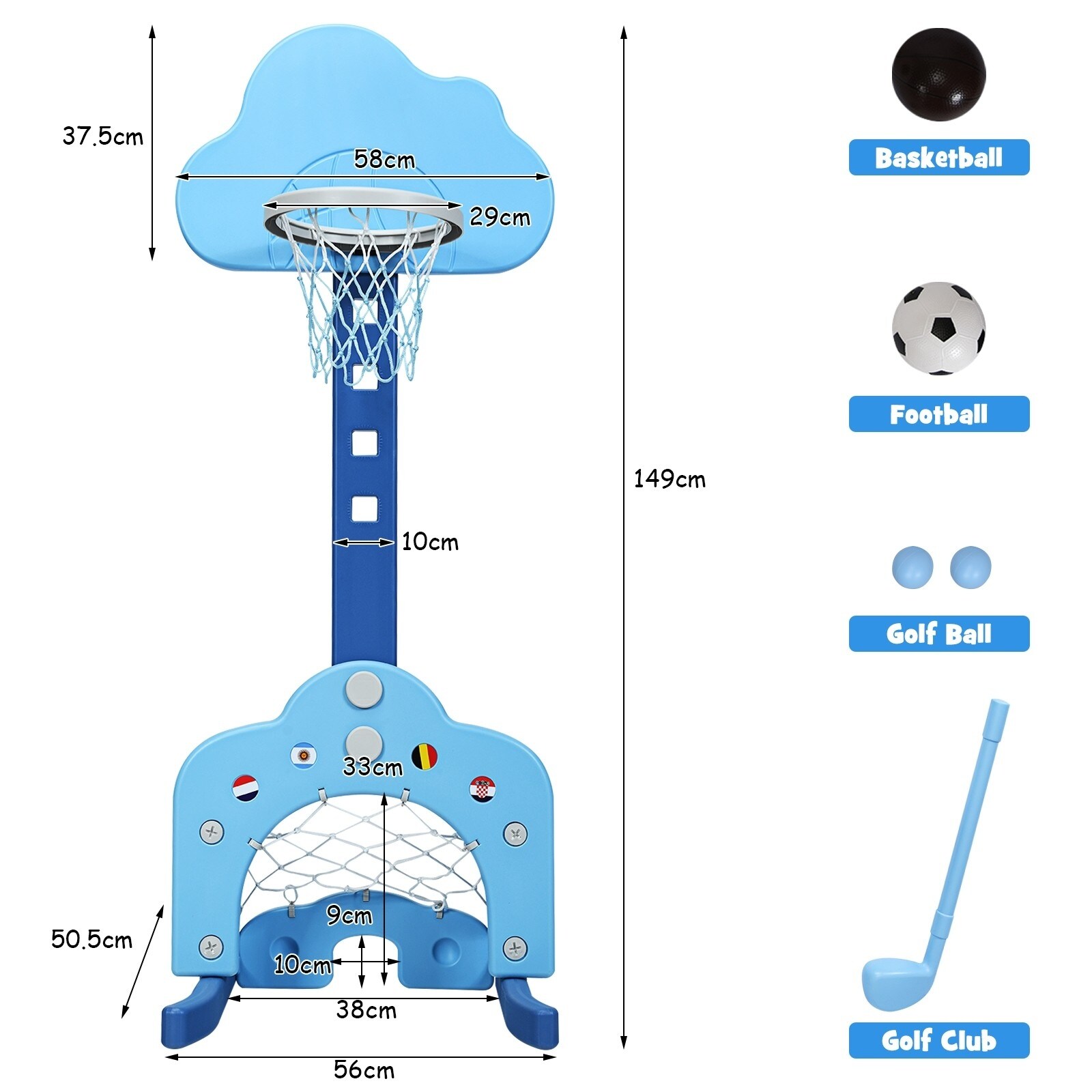 3-in-1 Kids Basketball Hoop Set with Balls-Blue - buybuy