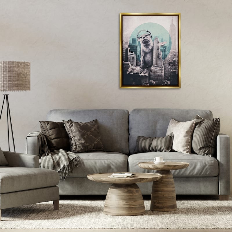 Stupell DJ Otter over Cityscape Framed Floater Canvas Wall Art Design By Ali Gulec