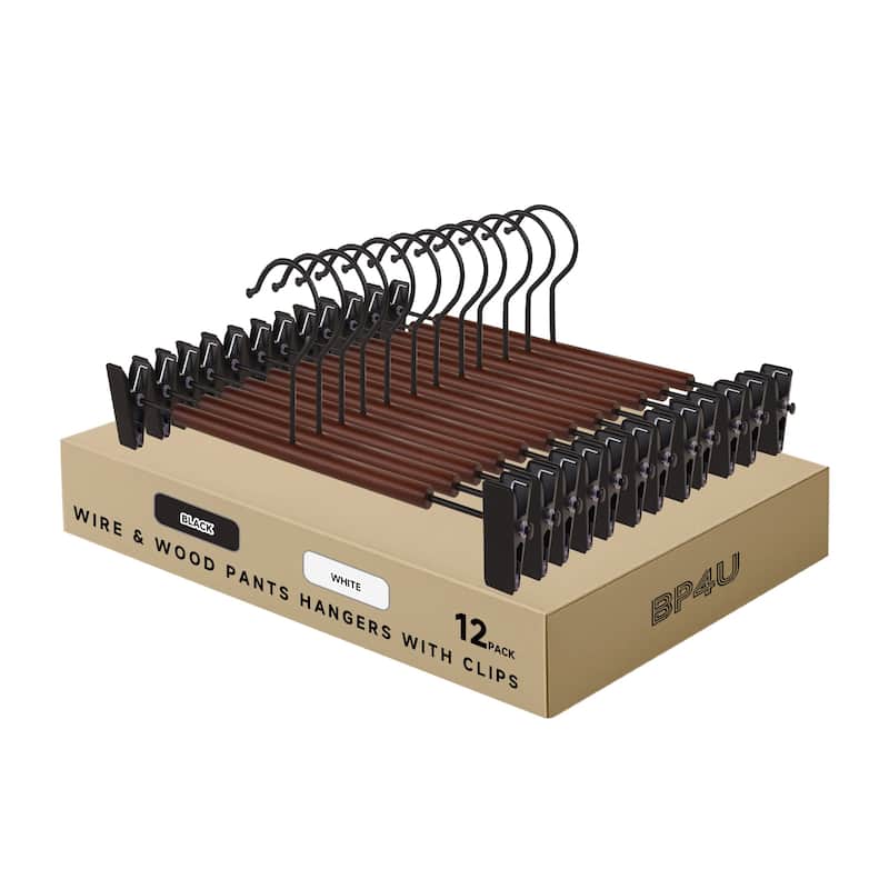 BP4U Premium Metal Pants Hangers with Adjustable Clips, Beech Wood Skirt Bottom Hangers for Trousers, Jeans, Shorts, Socks - 12-Pack - Black/Walnut