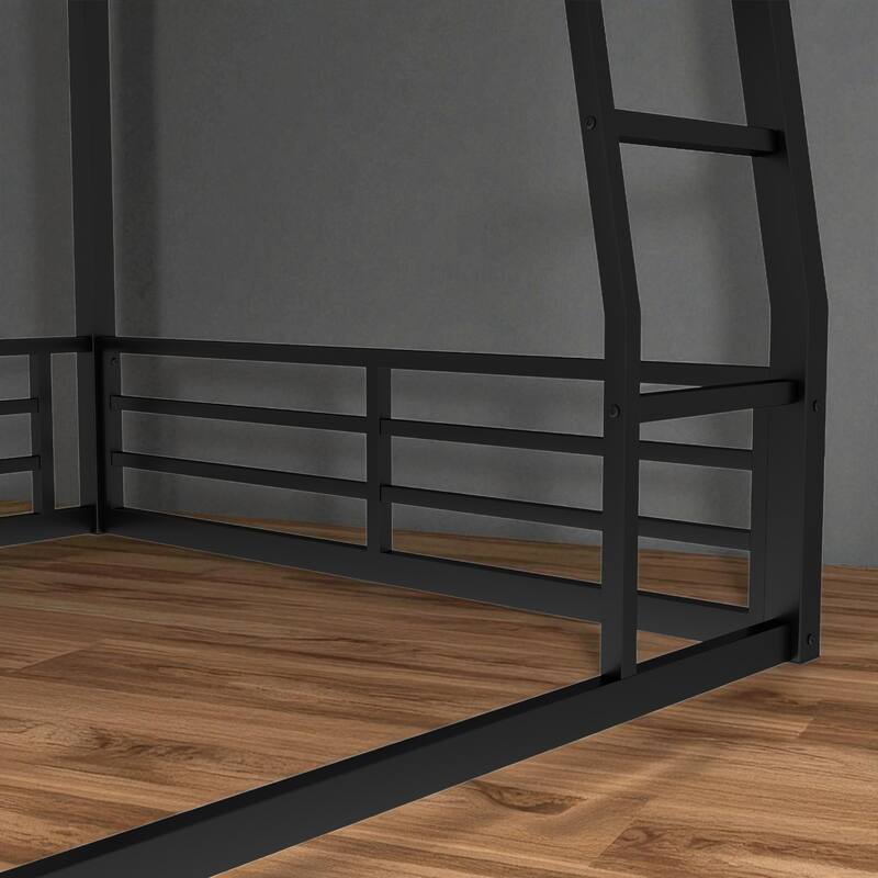 Metal Bunk Bed Twin XL/Full XL/Queen Over Queen, Heavy-Duty Low Bunk Frame with Guardrails and Quiet Design