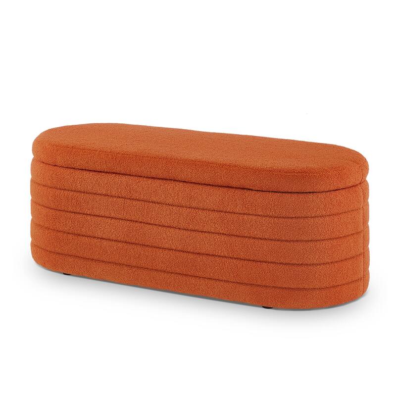 Modern Oval Storage Ottoman Bench,Boucle Teddy Fabric End of Bed Bench with Storage,End of Bed Stool with Safety Hinge