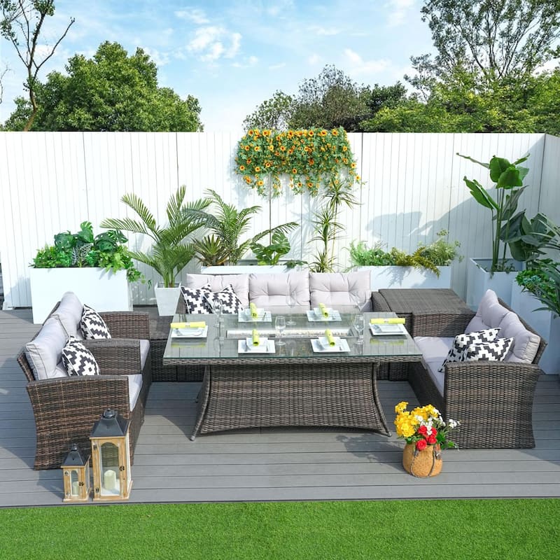 Abrihome 7-piece Patio Outdoor Wicker Sofa Set with Fire Pit Table