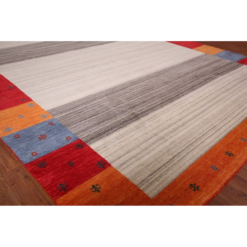Striped Gabbeh Indian Area Rug Hand-Knotted Tribal Wool Carpet - 8'5"x 9'9"