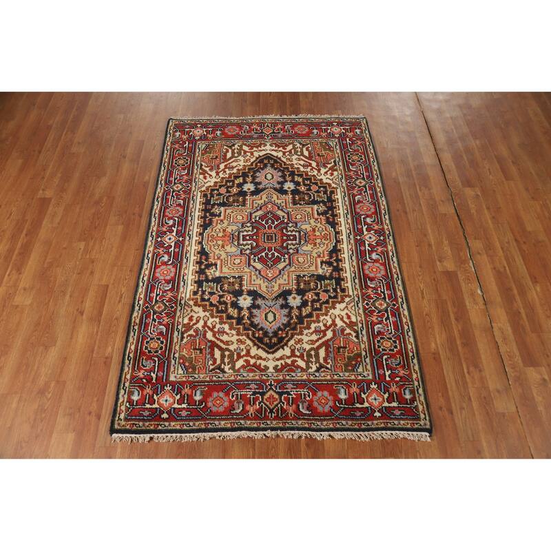 Hand Knotted Oriental 100% Wool Carpet Traditional Medallion Navy Blue & Blues Heriz (serapi) Area Rug - 5' 11'' X 4' 0''