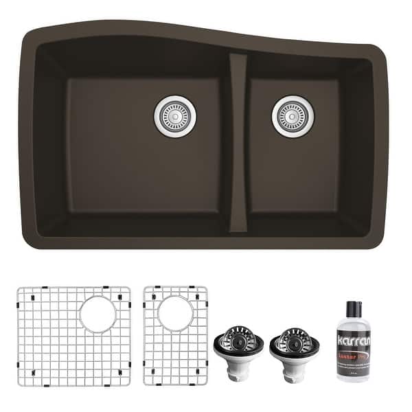slide 20 of 63, Karran Undermount Quartz 33 in. Double Bowl 60/40 Kitchen Sink with Bottom Grids and Strainers Brown