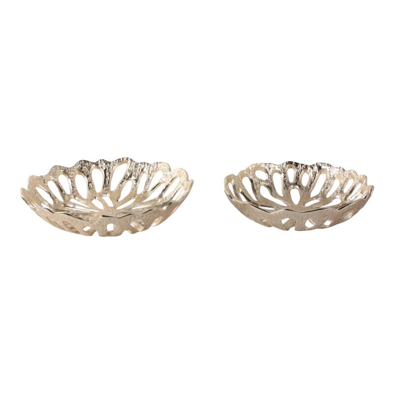 Decorative Bowl with Openwork Flower Design - Set of 2, 12", 14", Gold - 14.0"
