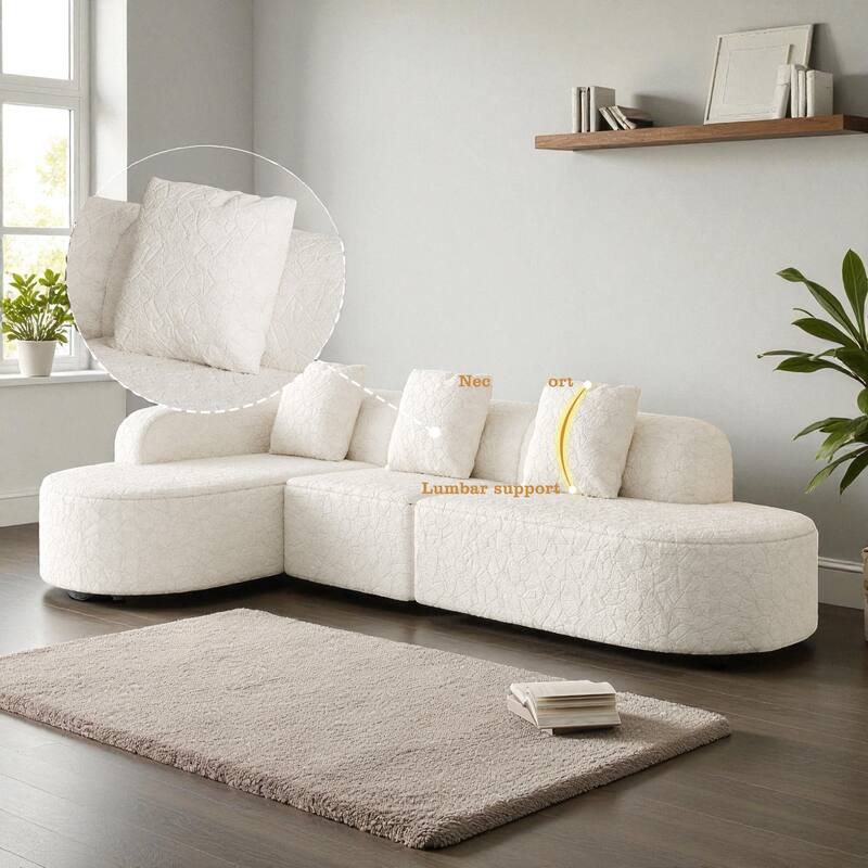 111.8" Modern Curved Modular Sectional Sofa Upholstered in Lychee-Textured Long-Pile Polyester with 3 Pillows for Living Room