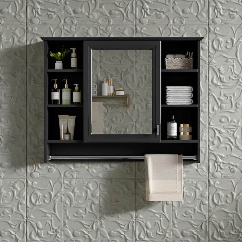 Modern 3 in 1 Bathroom Mirror Medicine Cabinet Wall Mounted, 36 Inch Storage Cabinet with Towel Bar - Black