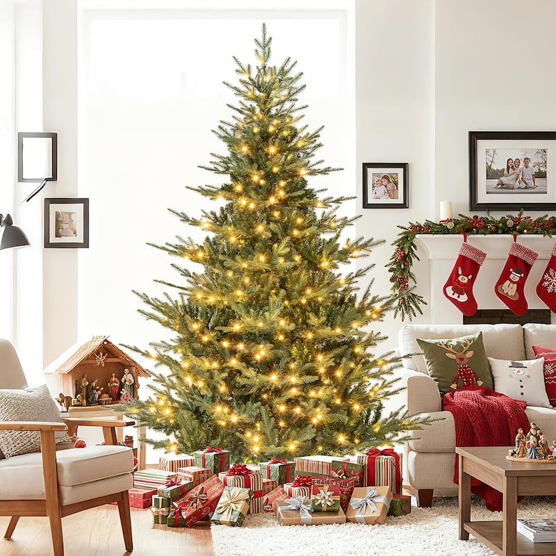 Gymax Pre-Lit Artificial Christmas Tree Hinged Xmas Tree w/ PVC & PE - 7 Foot