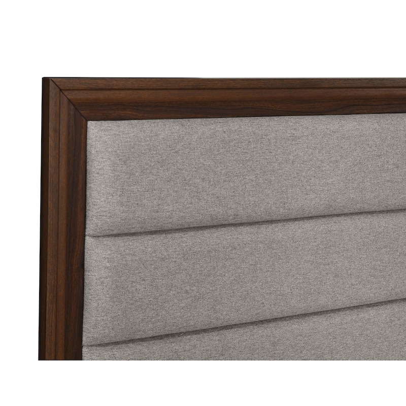 Yels Queen Size Bed, Channel Tufted Taupe Upholstery, Dark Brown Wood