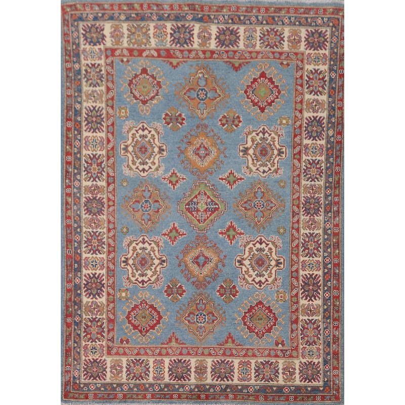 Light Blue Kazak Area Rug Hand-Knotted Bedroom Wool Carpet - 4'10" x 6'7"