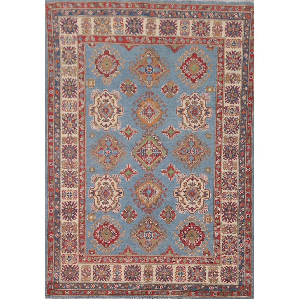 Light Blue Kazak Area Rug Hand-Knotted Bedroom Wool Carpet - 4'10" x 6'7"
