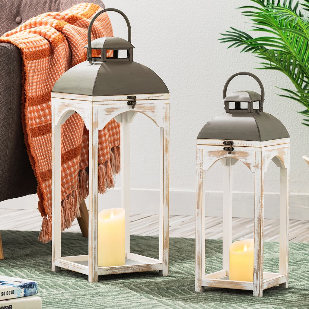 Glitzhome Set of 2 Farmhouse Church Style Hanging Candle Holders Wooden Lanterns Christmas Wedding Decor