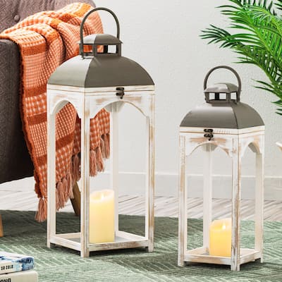 Glitzhome Set of 2 Farmhouse Church Style Hanging Candle Holders Wooden Lanterns Spring Wedding Decor