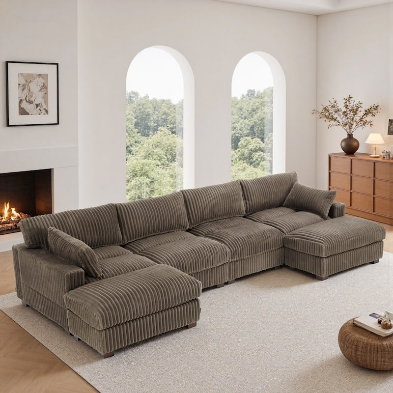 Modern Oversized Plush Corduroy Modular Sectional Sofa with 2 Ottomans
