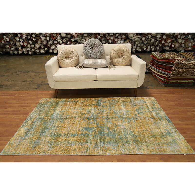 Hand Knotted Oriental Viscose Silk Carpet Modern Pictorial Yellow & Gold Abstract Area Rug - 6' 6'' X 4' 5''