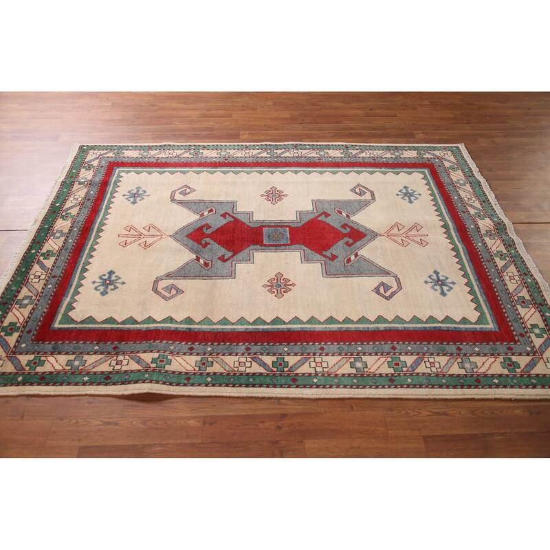 Kazak Area Rug Hand-Knotted Oriental Beige Wool Carpet - 5'0" x 6'10"