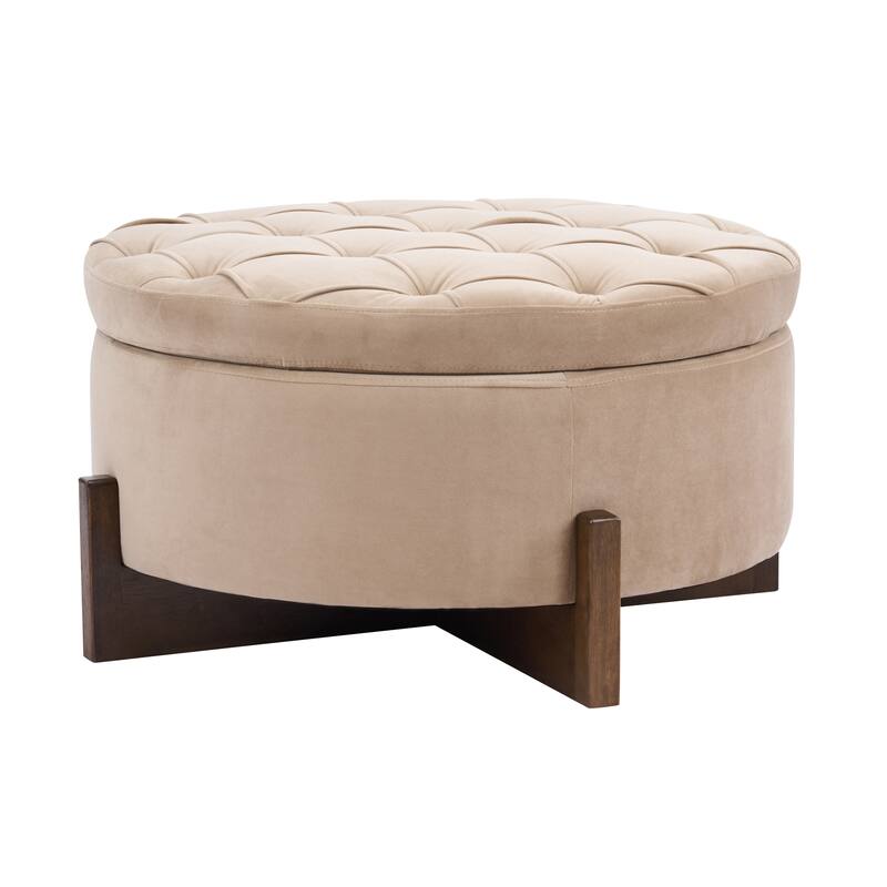 Christopher Knight Home - Mollet Mid-Century 32.28" Upholstered Tufted Round Hidden Storage Ottoman with Reversible Wood Lid