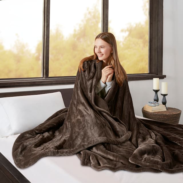 Beautyrest Solid Microlight to Berber Heated Blanket - King - Chocolate