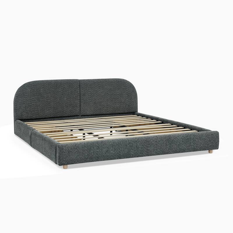 King Size Upholstered Bed Frame Modern Minimalist Style - Circle Yarn Fabric, Tall Curved Headboard