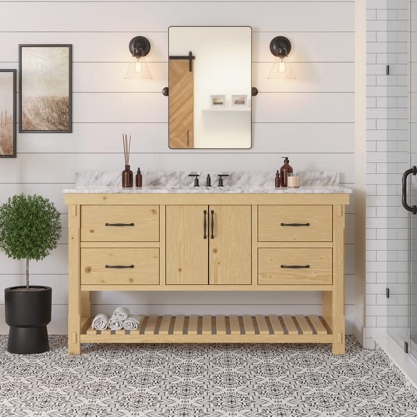 slide 9 of 14, KitchenBathCollection Birmingham 60" Single Bathroom Vanity with Carrara Marble Top Driftwood