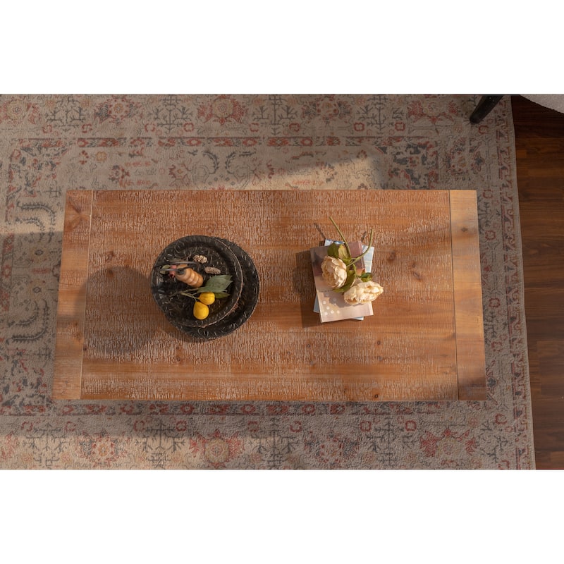 GDFStudio - Liam Rustic Solid Wood Rectangle Coffee Table with 2-Tier Storage Shelf - Coffee Table