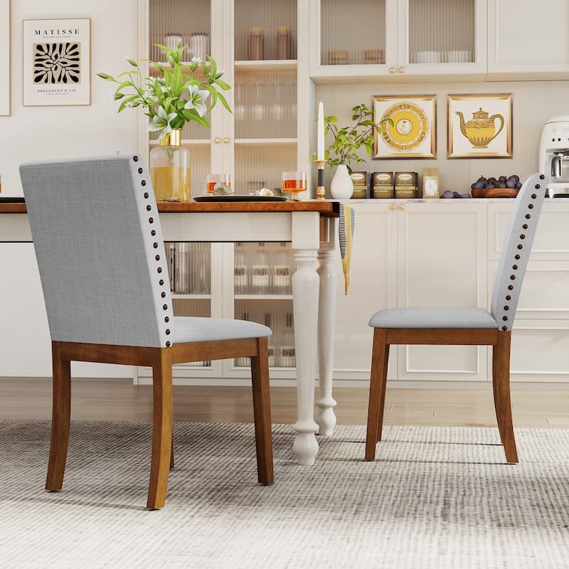 Ash Grey and Walnut Rubber Wood Dining Chairs with Nail head Trim, Linen Fabric - 23" x 19" x 36"