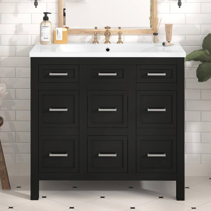 36" Bathroom Vanity with Integrated Resin Sink - 4 Drawers, 2 Doors
