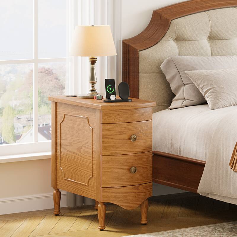 Rossetta Vintage Style Slim Narrow End Table with Convenient Charging Station and Deep Drawers, Easy Assembly - Light Brown