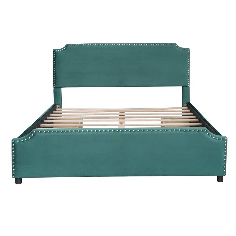 Upholstered Platform Bed Queen Size Velvet Fabric Storage Bedframe with 4 Drawers, Headboard & Footboard, No Box Spring Needed