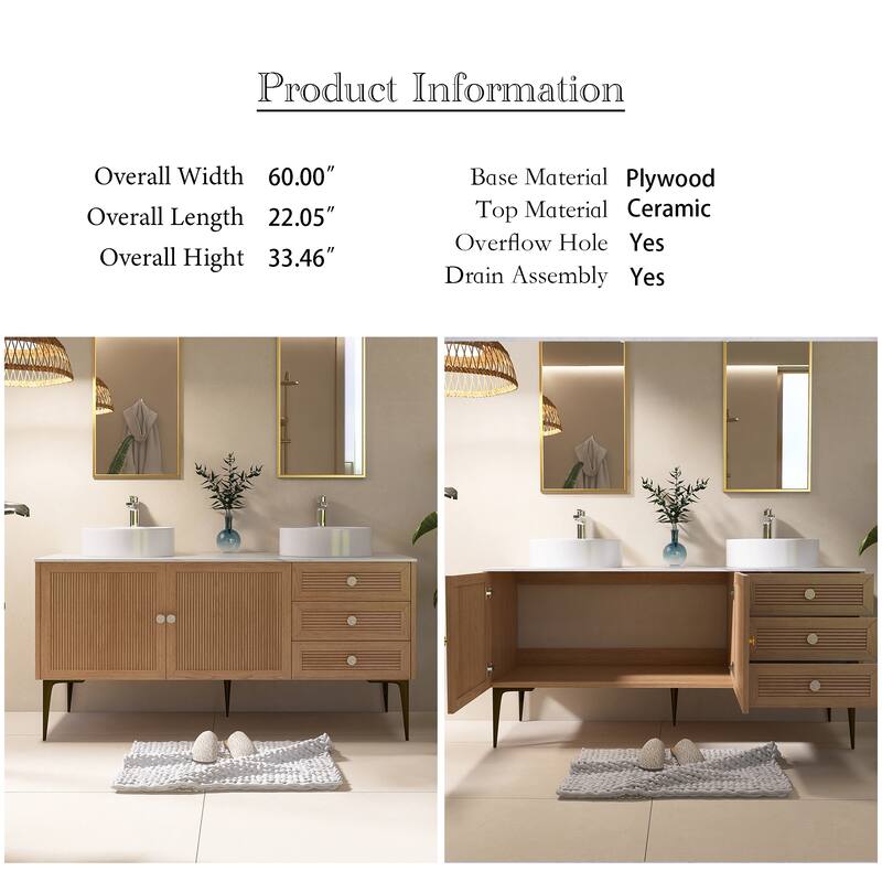 60" Freestanding Bathroom Vanity in Oak with White Ceramic Sink - 60'' x 20.05'' x 33.46''