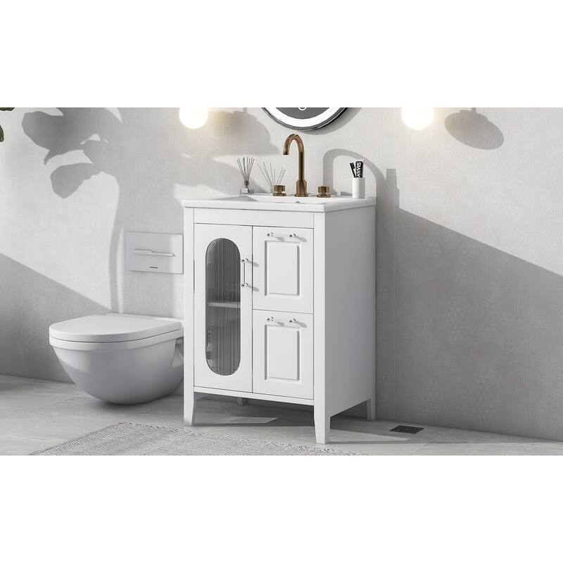 Bathroom Vanity with Sink, Vanity Set with Glass Door and 2 Drawers, Wooden Bathroom Cabinet with Adjustable Shelf