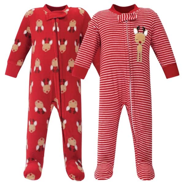 slide 1 of 1, Hudson Baby Baby Fleece Zipper Sleep and Play 2pk, Red Reindeer 0-3 Months - Red Reindeer