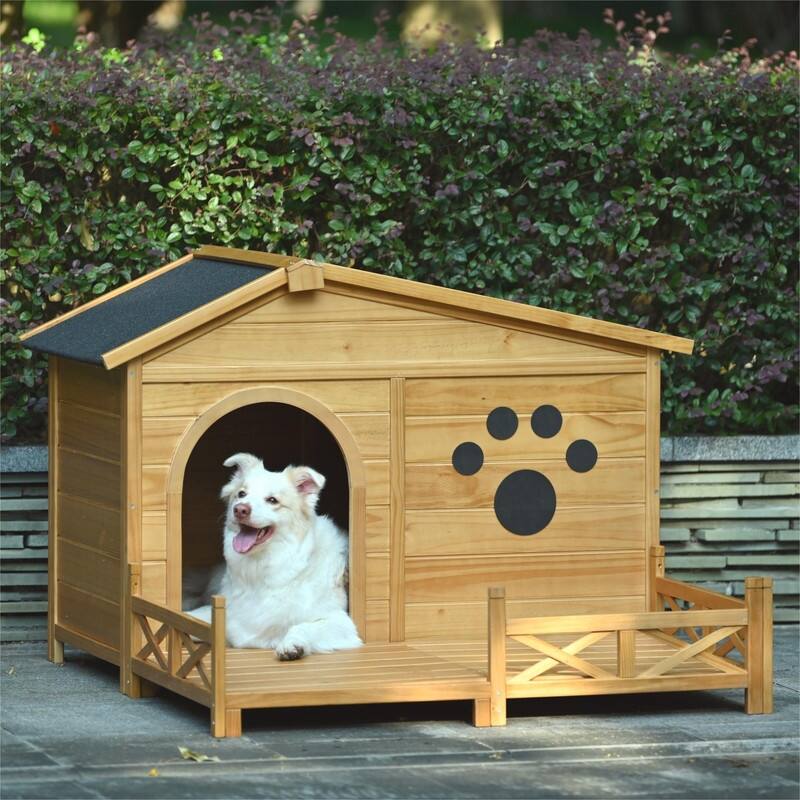 48" Wooden Dog House Outdoor with Porch,Dog Crate with Water-Resistant Asphalt Roof and Fencing