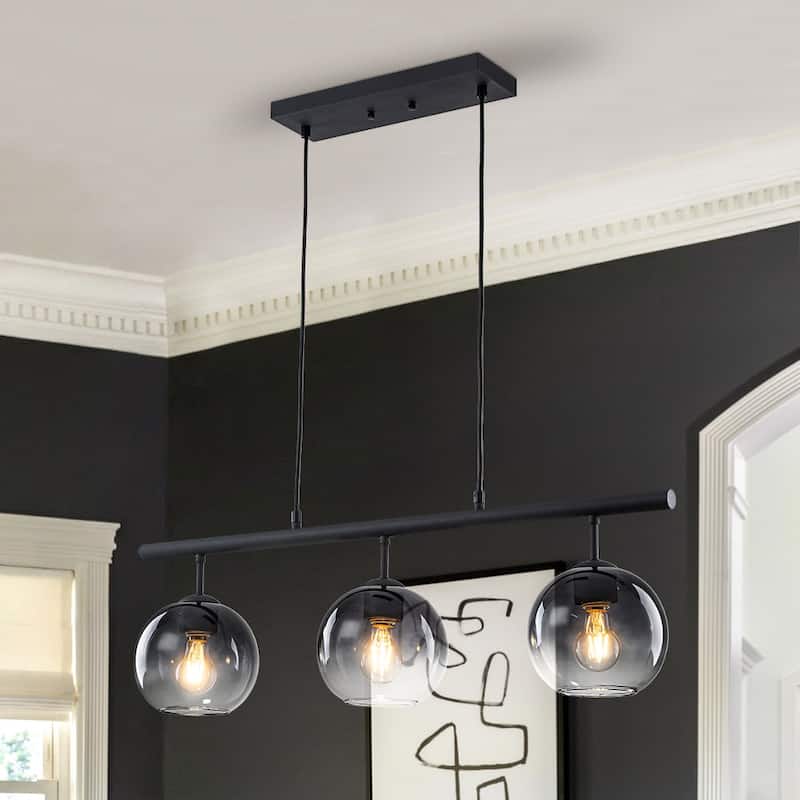 Contemporary 3-Light Gradient Grey Glass Globe Linear Chandelier - Black