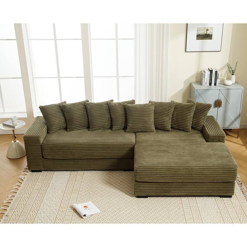 Oversized Two-Piece L Shaped Corduroy Sofa with Right Chaise Daybed, Eight Throw Pillows, Green