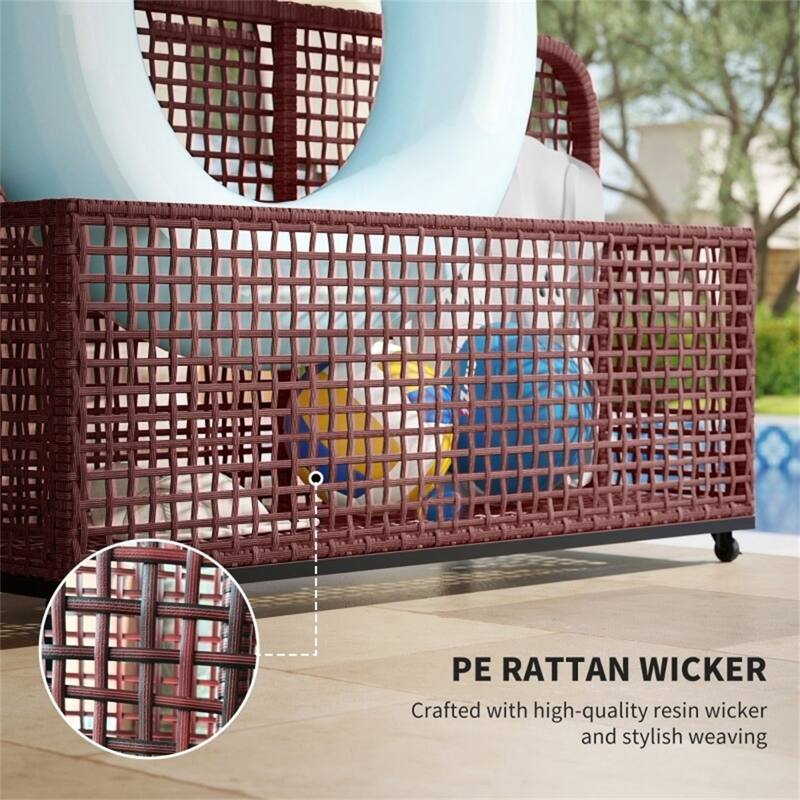 Brown PE Rattan Outdoor Pool Float Storage Organizer Cart with Wheels and Three Sections - 43.25" L x 36.8" W x 29.5" H