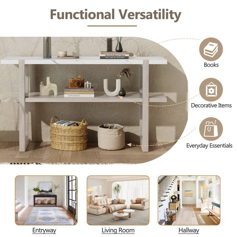 54" Retro Console Table with Marble-Effect Top and Versatile Storage for Entryway and Living Room