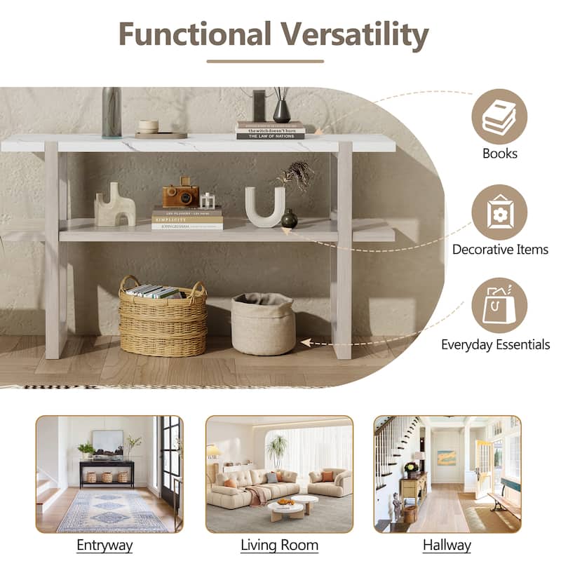 Homy Casa Narrow Console Table Marble-Effect Top and Open Shelf