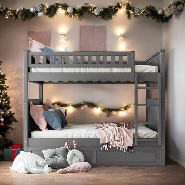 slide 2 of 18, Full Over Full Bunk Bed with Twin Size Trundle and Guardrails, Sturdy and Durable, Maximized Space, Grey Grey
