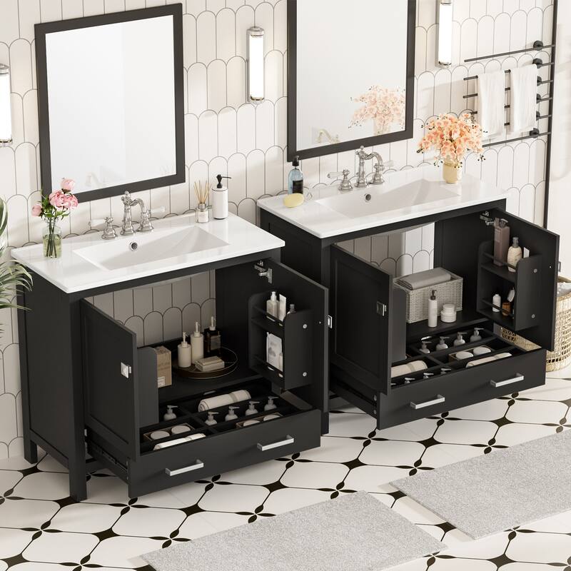 GDFStudio - Aurora Wood Bathroom Vanity Set with Ceramic Sink and Divided Drawers