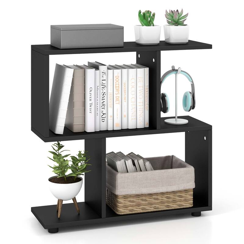 1PCS 2-Tier Wooden Bookshelf Free Standing S-Shaped Shelf Storage - Black