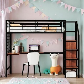 Twin Size Loft Bed with Desk, Whiteboard, and Shelves - Sturdy Metal and MDF Construction,Black