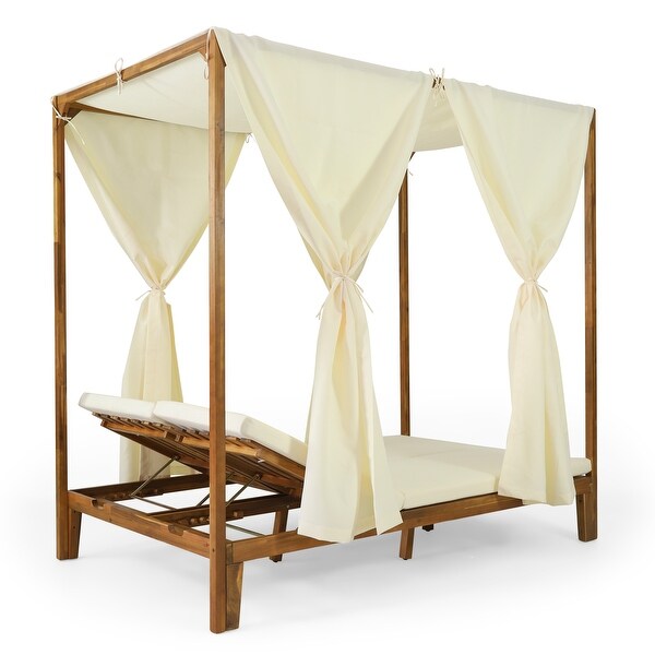 Kinzie Outdoor 2-seat Adjustable Acacia Daybed w/ Curtains