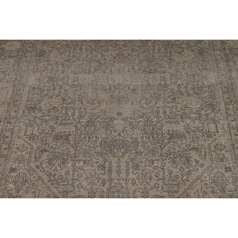Geometric Tabriz Persian Vintage Rug Hand-Knotted Beige Wool Carpet - 9'1" x 12'4"