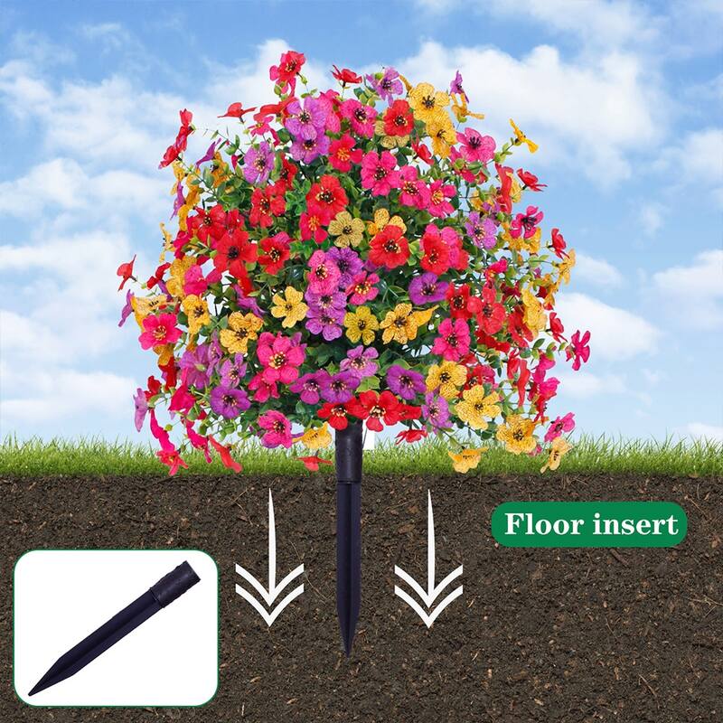 2FT Artificial Trees With Ground Spike 2 Pack, Weather-Resistant Faux Shrubs Bushes Potted Plants With Flowers Outdoor