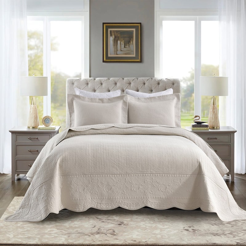 MarCielo 3 Piece Embroidered 100% Cotton Oversized Quilt Bedspread Set TG - Khaki Beige - Queen